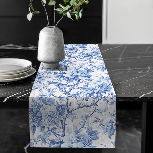 Royal Blue French Toile Roses Floral Table Runner Lange Tafelloper