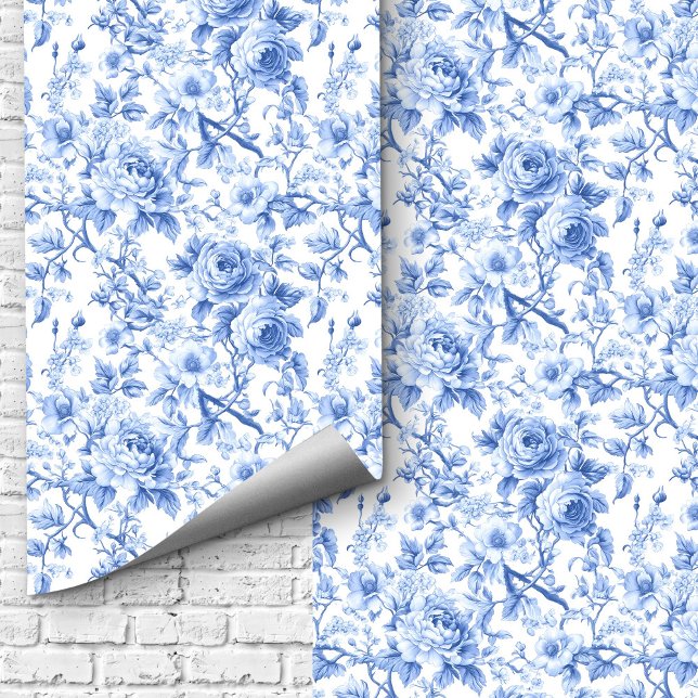 Royal Blue French Toile Roses Floral Wallpaper  Behang (Royal Blue French Toile Roses Floral Wallpaper Design)