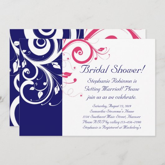 Royal Blue, Fuchsia and White Swirl Vrijgezellenfe Kaart (Voorkant / Achterkant)