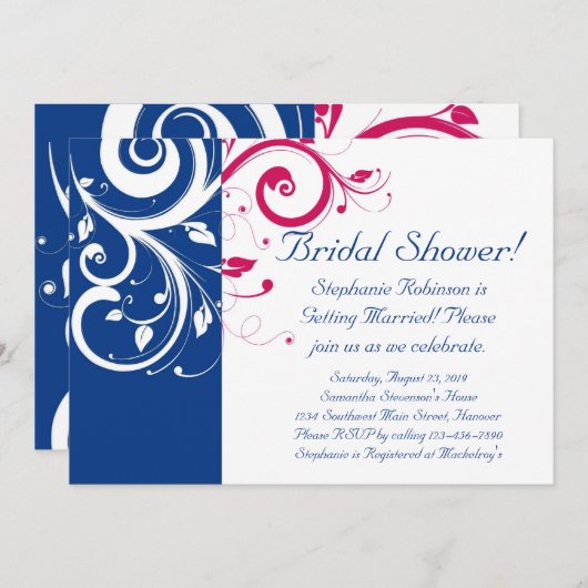 Royal Blue, Fuchsia and White Swirl Vrijgezellenfe Kaart (Voorkant / Achterkant)