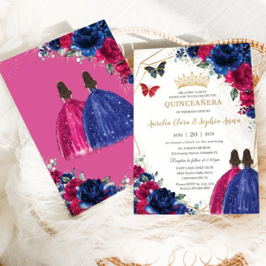 Royal Blue Fuchsia Roze Bloemen Tweeling Quinceañe Kaart
