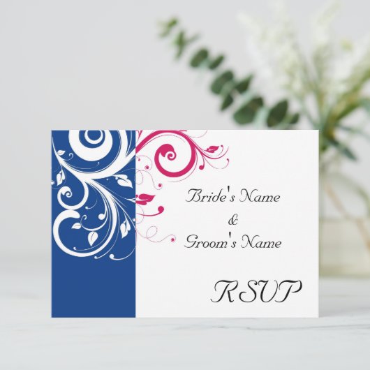 Royal Blue/Fuchsia Swirl Bruiloft RSVP Antwoord (Staand voorkant)