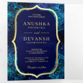 Royal Blue Galaxy Mandala QR Code Indian Wedding Drieluik Uitnodiging (Binnenzijde eerst)