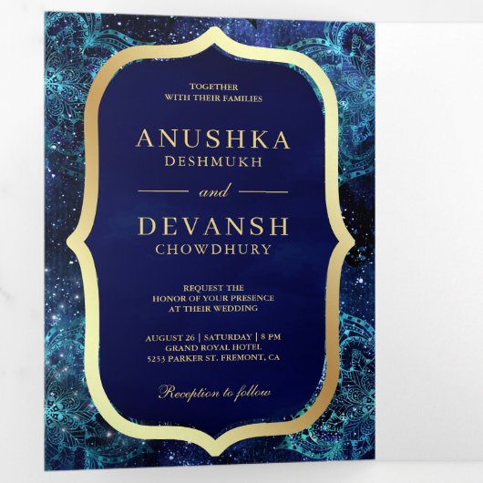 Royal Blue Galaxy Mandala QR Code Indian Wedding Drieluik Uitnodiging (Binnenzijde eerst)