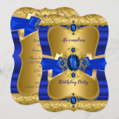 Royal Blue Gem Gold Bow Birthday Party Kaart (Voorkant / Achterkant)
