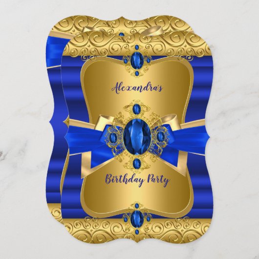 Royal Blue Gem Gold Bow Birthday Party Kaart (Voorkant / Achterkant)