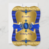 Royal Blue Gem Gold Bow Birthday Party Kaart (Voorkant)