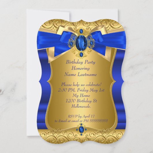 Royal Blue Gem Gold Bow Birthday Party Kaart (Achterkant)
