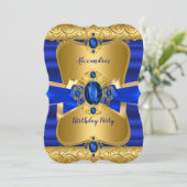 Royal Blue Gem Gold Bow Birthday Party Kaart (Staand voorkant)