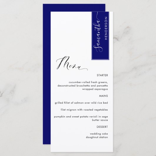 Royal Blue, gepersonaliseerd met gastnaam legant Menu (Voorkant / Achterkant)