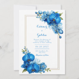 Royal Blue Gilded Botanical Orchid Wedding Kaart