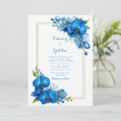 Royal Blue Gilded Botanical Orchid Wedding Kaart (Staand voorkant)