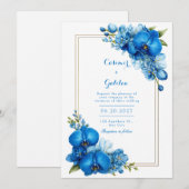 Royal Blue Gilded Botanical Orchid Wedding Kaart (Voorkant / Achterkant)