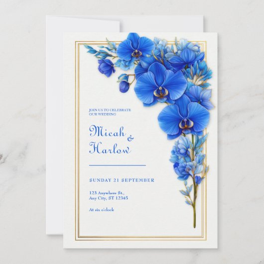 Royal Blue Gilded Orchid Wedding Kaart (Voorkant)