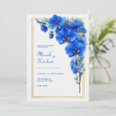 Royal Blue Gilded Orchid Wedding Kaart (Staand voorkant)