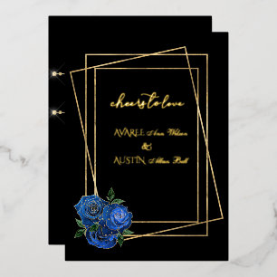 Royal Blue Glam Rozen en Black and Gold Folie Uitnodiging