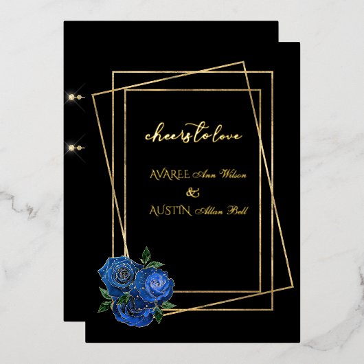 Royal Blue Glam Rozen en Black and Gold Folie Uitnodiging (Voorkant / Achterkant)