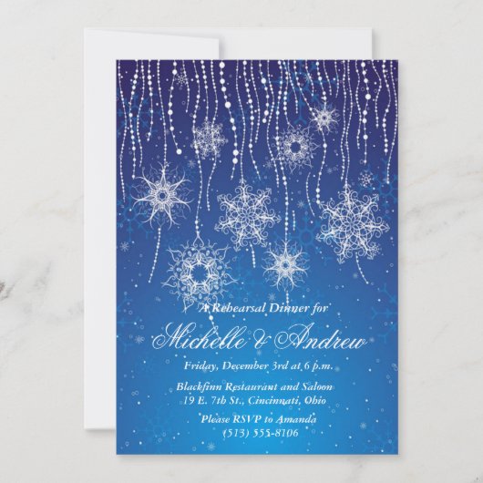 Royal Blue Glam Snowflakes Winter Dinner Party Kaart (Voorkant)