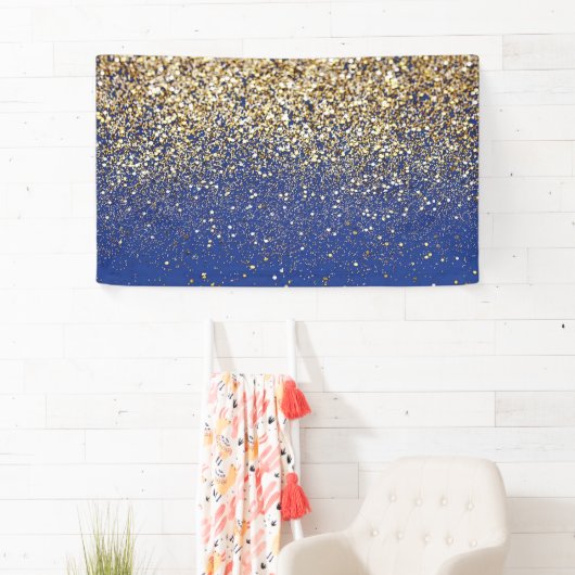 Royal Blue Glitter Achtergrond Verjaardag Gouden V Spandoek (Insitu)