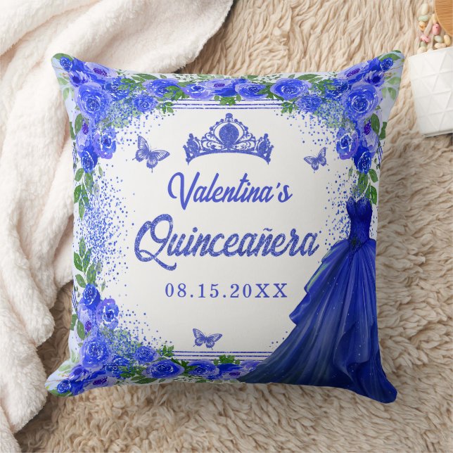 Royal Blue Glitter Bloemen Quinceanera Party Kussen (Deken)