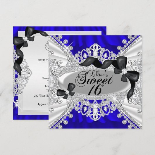Royal Blue Glitter Diamant & Strik Uitnodiging Zoe (Voorkant / Achterkant)