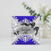 Royal Blue Glitter Diamant & Strik Uitnodiging Zoe (Staand voorkant)