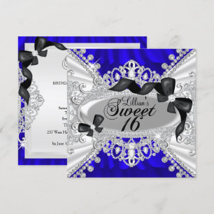 Royal Blue Glitter Diamant & Strik Uitnodiging Zoe