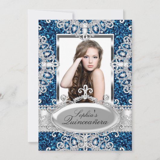 Royal Blue Glitter Diamond Glamor Quinceanera Kaart (Voorkant)