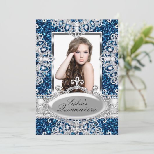 Royal Blue Glitter Diamond Glamor Quinceanera Kaart (Staand voorkant)