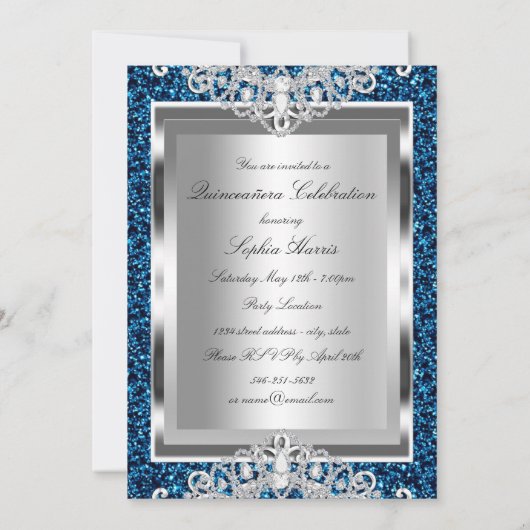 Royal Blue Glitter Diamond Glamor Quinceanera Kaart (Achterkant)