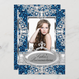 Royal Blue Glitter Diamond Glamor Quinceanera Kaart
