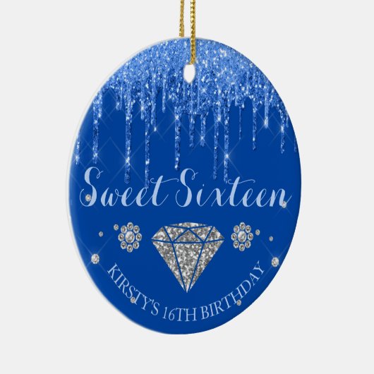 Royal Blue Glitter Drip Diamond Sweet Sixteen Keramisch Ornament (Rechts)