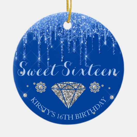 Royal Blue Glitter Drip Diamond Sweet Sixteen Keramisch Ornament (Voorkant)