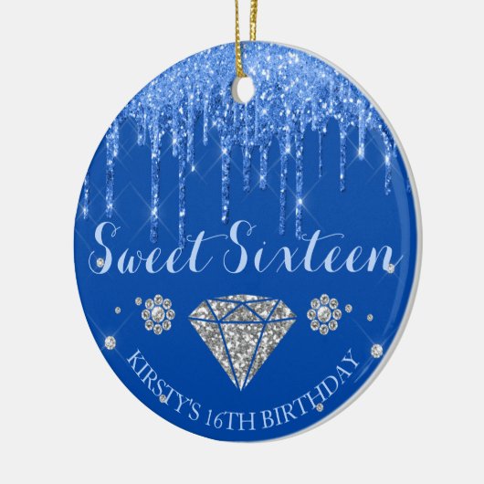 Royal Blue Glitter Drip Diamond Sweet Sixteen Keramisch Ornament (Links)