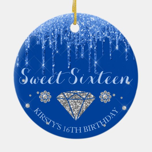 Royal Blue Glitter Drip Diamond Sweet Sixteen Keramisch Ornament (Achterkant)