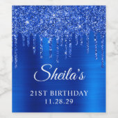 Royal Blue Glitter Drips Glam 21e Verjaardag Wijn Etiket (Enkel label)