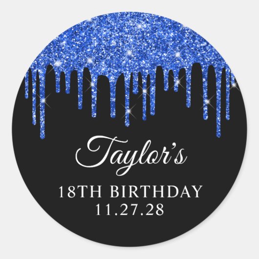 Royal Blue Glitter druipt op zwarte 18e verjaardag Ronde Sticker (Voorkant)