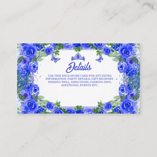 Royal Blue Glitter Floral Sparkle Quinceanera Informatiekaartje (Achterkant)