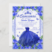 Royal Blue Glitter Floral Sparkle Quinceanera Kaart (Voorkant)