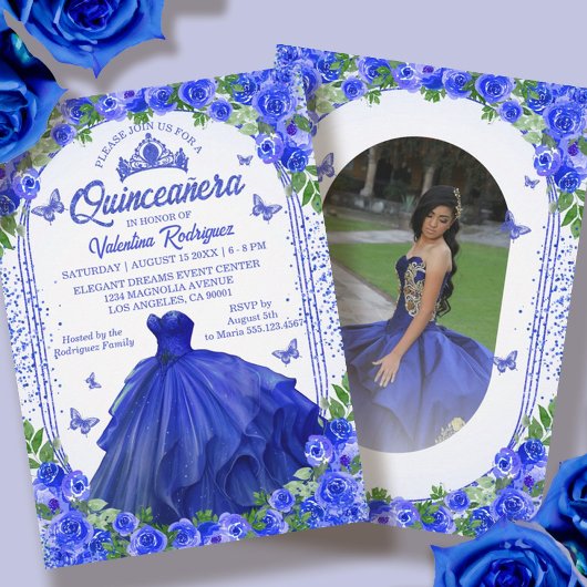 Royal Blue Glitter Floral Sparkle Quinceanera Kaart