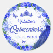 Royal Blue Glitter Floral Sparkle Quinceanera Ronde Sticker (Voorkant)