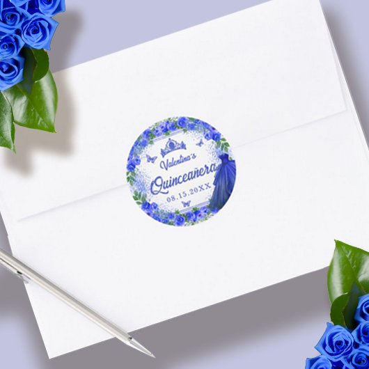 Royal Blue Glitter Floral Sparkle Quinceanera Ronde Sticker