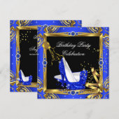 Royal Blue Glitter High Hiel Shoes Gold Black Kaart (Voorkant / Achterkant)