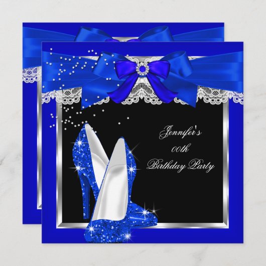 Royal Blue Glitter High Hiel Silver Birthday Party Kaart (Voorkant / Achterkant)