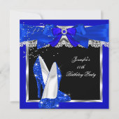 Royal Blue Glitter High Hiel Silver Birthday Party Kaart (Voorkant)