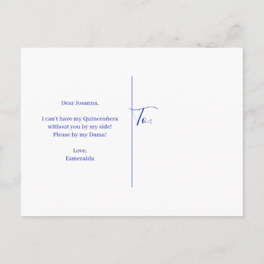 Royal Blue Glitter Quinceañera Dama Voorstel Uitnodiging Briefkaart (Achterkant)