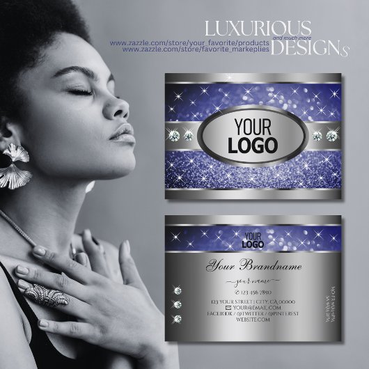 Royal Blue Glitter Sparkle Stars Diamonds en Logo Visitekaartje