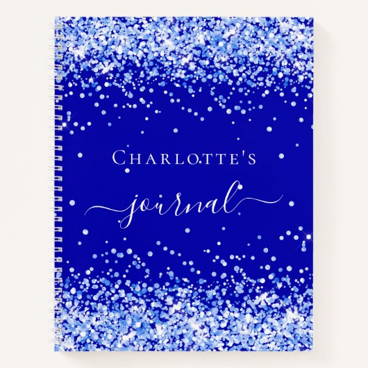 Royal blue glitter sparkles name script notitieboek (Voorkant)