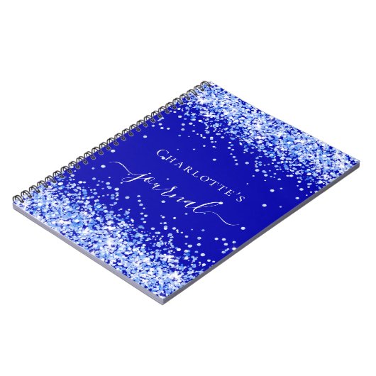 Royal blue glitter sparkles name script notitieboek (Linkerzijde)