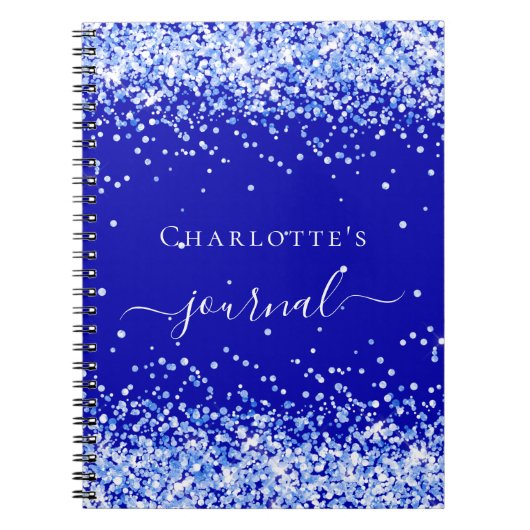 Royal blue glitter sparkles name script notitieboek (Voorkant)